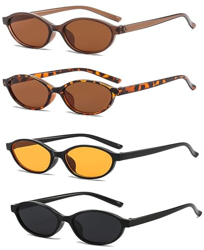 FSMILING 2/4 Retro Oval Sonnenbrille Damen Vintange Schmal Skinny Trendy 90S Sonnenbrille für Damen