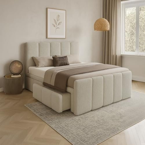 Juskys® Boxspringbett Manitoba 180 x 200 cm - Inkl. Topper & Bettkasten, Modernes Design mit Bouclé-Stoff, Gepolstertes Kopfteil - Beige