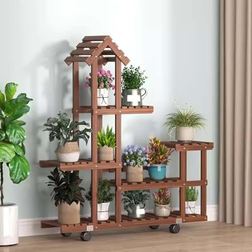 SRHIMEOS Estantería para Plantas 5 Niveles, Soporte Plantas Interior con Ruedas, Estanteria Flores De Madera, Escalera para Flores Trapezoidal, Estante De Esquina para Múltiples Macetas