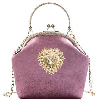 CRFASIBE Damen Clutch Abendtasche, Frauen Kiss Lock Handtasche, Elegante Crossbody Schultertasche, Herz Design, Vintage Geldbörse mit Kette für Prom Bankett Hochzeit Party(Rosa)