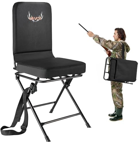 VEVOR Sedia da Campeggio Pieghevole da Pesca con Schienale Tracolla Regolabile, Sedia Capacità di Carico 136 kg, Sgabello da Caccia Rotazione Silenziosa a 360° per Picnic, Esterno, Nero