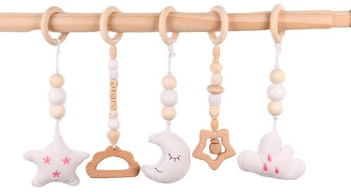 Xiyocadt Baby Spielbogen Holz, 5 Stücke Spielbögen Baby Gym Anhänger, Holz Spielbogen, Holzspielzeug zur Gehirnentwicklung (27cm,Weiß)