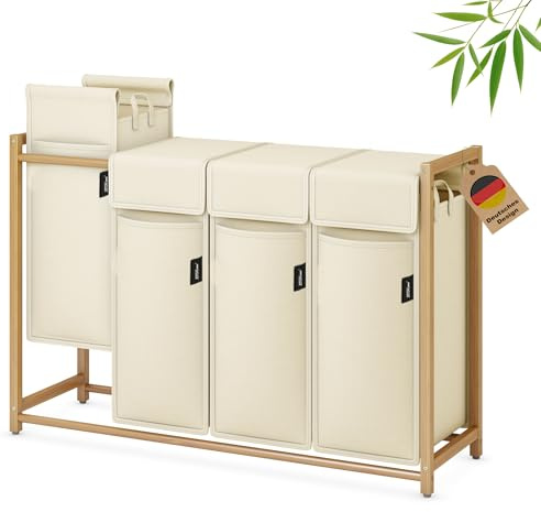 XMHome Wäschekorb 198L mit 4x49L Fächern Bambus Wäschesammler mit Deckel,Wäschesortierer mit herausnehmbaren Taschen, rechteckige Wäschebox für Schlafzimmer, Bad & Waschküche Beige
