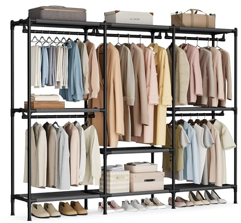 SONGMICS Clothes Rack, Portable Closet, Heavy-Duty Wardrobe Closet Organizer with Hanging Rails and Shelves, 79.9 Inches Tall, Total Load 297 lb, Easy Assembly, for Bedroom, Ink Black URDR212BZ01