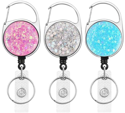 Glitter ID-kortshållare med infällbar rulle, 65 cm nylontråd, 3 färger, nyckelrulle, nyckelband, utdragbar med fjäderrulle i rostfritt stål, ID Jojo för ID-hållare, korthållare, nyckelkort