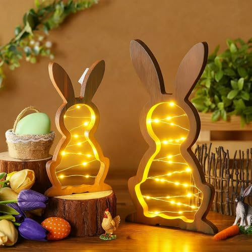 Osterdeko Holz Hase mit LED Licht, 2 Stück Holz Osterhase Lampe, Dekorativer Osterhase, Modern Osterdeko, LED Hasen Lampe Osterlichterkette für Garten Draußen Innen Tisch