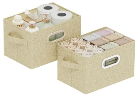 ENUMAIL Contenitori senza Coperchio Aperta,26x20x17cm,Grigio Beige,2 Pezzi | Scatole Portaoggetti in Tessuto Pieghevoli,Cubo di Stoccaggio con Supporto di Tavola PP,Organizer per Cassetti Lavabile