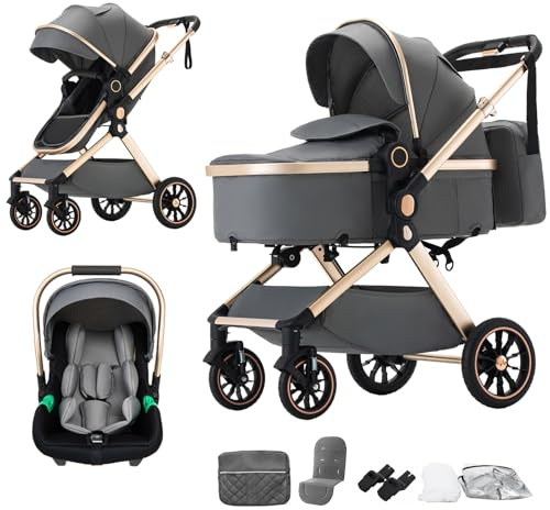 BEBBY Passeggino Trio 3 in 1, Carrozzine Lettini per Bambini e Neonati, Trio Set con Seggiolino, Alluminio Leggero con Piegamento, Funzione Combinata, Adatto da 0-22kg (U9-X-DARK GREY, U9-X)