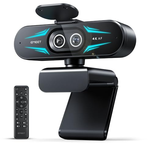 EMEET C60E Dual-Camera 4K Webcam for Streaming, Wide-Angle and Telephoto Cameras, Max 11X Hybrid Zoom & PDAF Autofocus, Remote Control, RGB Lighting, 2 Mics, Ideal for Livestreaming and Online Meeting