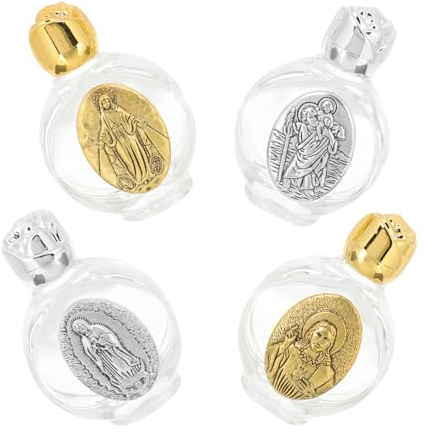Zerodeko Lot de 4 Bouteilles d'eau Bénite en Verre Récipient Rechargeable pour Eau Bénite Motifs Vintage Doré et Argenté Petites Fioles Décoratives pour Église et Fêtes Transportables