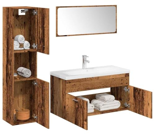 Fangmaliuyun Set di mobili da bagno effetto legno antico 90 x 38,5 x 46 cm con lavabo in ceramica e specchio, design moderno, robusto e facile da pulire, per piccoli bagni e WC degli ospiti