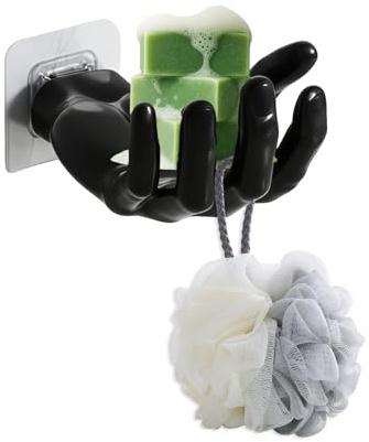 Zueyen Porte-Savon en Forme de Main sans Perçage, Support Savon Mural Créatif avec 5 Crochets pour Éponge et Rasoir, Boîte à Savon Auto-adhésive en Plastique pour et Salle de Bain (Noir)