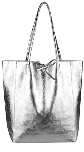 OBC Made in Italy Damen Leder Tasche Din-A4 Shopper Schultertasche Henkeltasche Tote Bag Metallic Handtasche Umhängetasche Beuteltasche (Silber 36x40x12 cm)