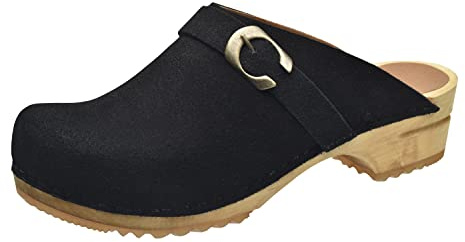 Sanita Hedi offener Clog, Wildleder | Original handgemacht | Leder-Holzclogs für Damen | Schwarz | 38 EU
