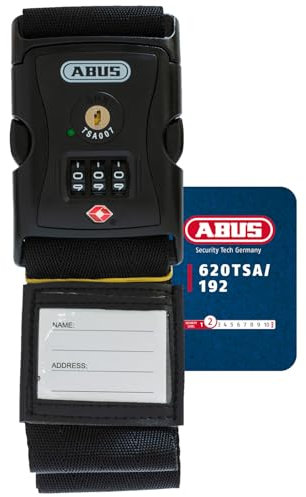 ABUS Kofferband mit TSA-Schloss 620TSA/192 - Koffergurt mit 3-stelligem Zahlencode - Namensschild inklusive - schwarz