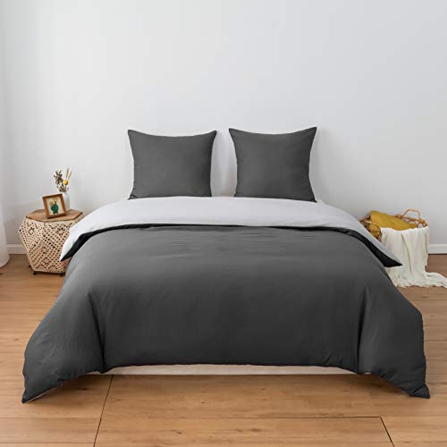 MOHAP 4 Pièces Housse de Couette Réversible 200x200 cm + Drap Housse 160x200cm avec Taie d'oreiller 65x65 cm Gris Foncé + Gris Clair Parure de Lit Bicolore Fermeture Éclair
