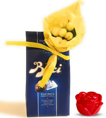 NARAMAKI Regalo Uomo e Donna - Cioccolatini Baci Perugina 125 g + Bouquet Mimosa Finta + Gadget Rosa Rossa Luminosa - Regalo Amica/Donna/compleanno