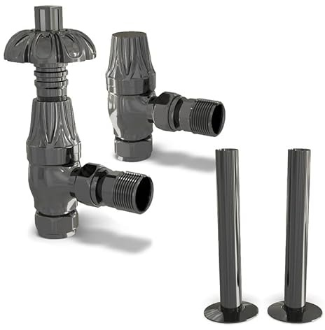 UK Radiators Black Nickel Thermostatic Radiator Valves and Angled Lockshield Valve - Polished Black Nickel Finish - Traditional Design 1/2 x 15mm Metal Head Radiator Valves with 130mm Pipe Covers