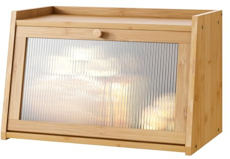 kiplant Bread Box for Kitchen Counter, Large Bamboo Bread Storage Container with Wavy Arcylic Door, Bamboo Wooden Farmhouse Bread Box for Your House (Natural, Medium)