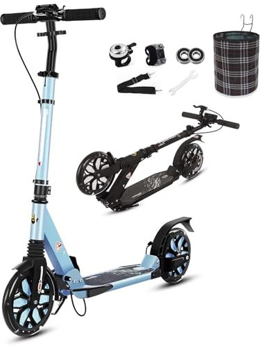 BigWheel Scooter - Tretroller für Kinder und Erwachsene mit LED aufleuchten Räder - Roller ab 8 Jahre - Cityroller bis zu 150 kg - Klappbar & Höhenverstellbar - Mit Tragegurt (Blau)