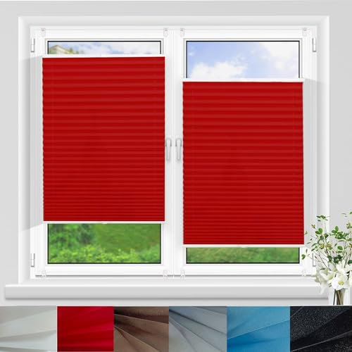 Premium Plissee Faltrollo ohne Bohren 115 x 150 cm Sonnenschutz Easyfix Lichtdurchlässig Rollo Plise Plisee Plisse mit Klemmträger für Fenster & Tür, Rot