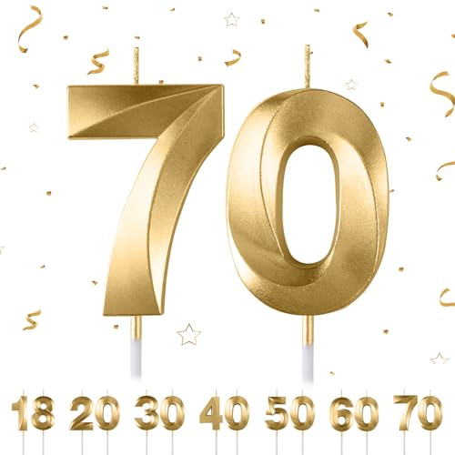 70th Birthday Number Candles - 3D Gold Number 70 Candle for Party Cake Topper Decorations
