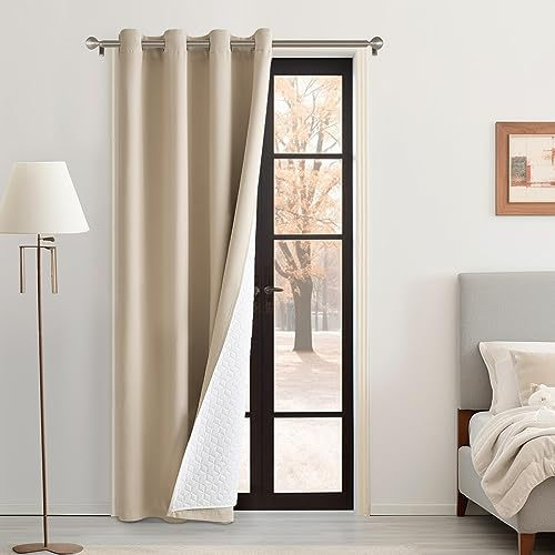 MIULEE Extra Thick Thermal Curtains Eyelet, Insulated Curtains with Quilted Lining for Winter, 1 Panel Heavy Curtain for Bedroom Living Room Doorways, Beige Draft Excluder Curtain for Doors 46x 90