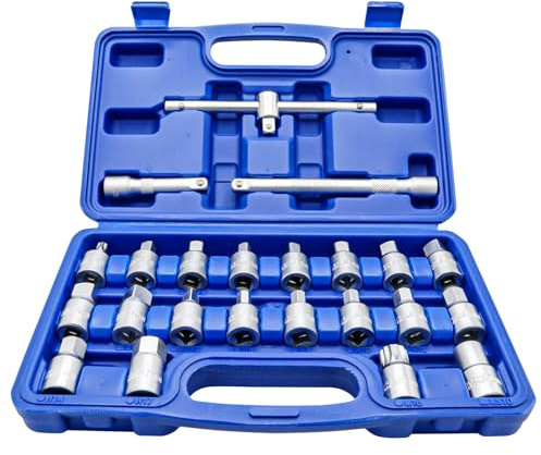 DAKCOS 23tlg 3/8 Öldienst-Schlüsselsatz Öldienstschlüssel | Ölablassschrauben Set aus CR-V mit mattierter Chromoberfläche