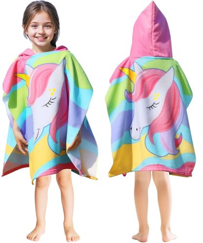 Domueay Poncho Toalla Ninas con Capucha, Rosa Unicornio Microfibra Toalla de para Playa Surf Piscina, Toalla de Baño Poncho, Suaves y Absorbente Albornoz, para Niña de 2-6 años, 60x60cm