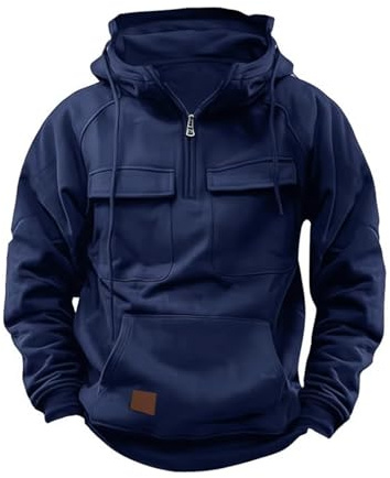 Volemo Sweat a Capuche Homme Zippé Cargo Hoodie Coton Sweatshirt Manches Longues Rétro Pull avec Poche Bleu Marine XL