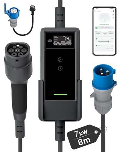 dé Carichino Auto Elettrica 7 kw 32a [8m, Monofase, 6-32A] Caricatore Auto Elettrica 7kw Tipo 2 con Display LCD, Corrente Regolabile, Compatibile con T03, Model Y/3, Dolphin Surf e Altri EV/PHEV