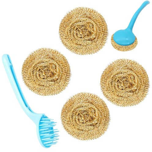 Copper Steel Scouring Pad 4 Pieces + 1 Handle, Kitchen Sponges, Steel Wool Scouring Pad Used for Dishes, Pots, Pans, Ovens and Mechanical Degreasing Easy for Hard Kitchen Cleaning