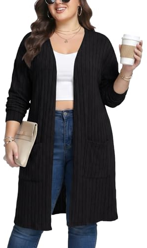 Kyzoeyou XL-5XL Plus Size Cardigan Womens Midi Knit Long Cadigans Sweaters Open Front Long Sleeve Lightweight Loose fit with Pockets Knitted Coat (Black 3XL)