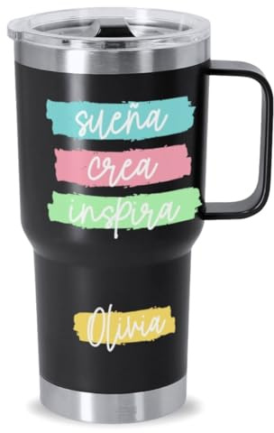 DEREGALOOS. Taza Térmica Personalizada con Nombre. Termo Personalizado con Frases Motivadoras. Acero Inoxidable Reciclado. Termo con Asa y Dosificador para Oficina y Gimnasio (Negro - Frase 1)