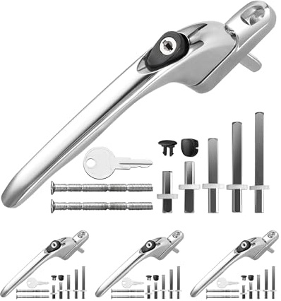 eSynic 4pack Window Handles for UPVC with 5 Multi-Size Spindles & Cuttable Screws Universal Chrome PVC Window Handle with Key Lockable Aluminum 360° Rotation Ergonomic Espag Replacement Handle