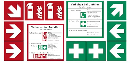 12 x Sicherheitszeichen für ERSTE HILFE + BRANDSCHUTZ – Verhalten im Brandfall + bei Unfällen – Feuerlöscher – Brandschutzzeichen + Weißes Kreuz + Richtungspfeile - ISO 7010 - Folienaufkleber