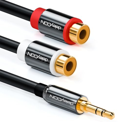 deleyCON 0,5m Kort Stereoljud RCA till Jack-Kabel - 3,5 mm Jack-Hane till 2x RCA-Hona - Metall - Guldpläterad - Svart