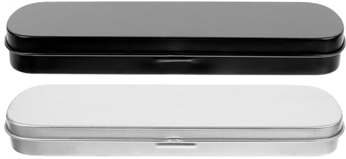 CLISPEED 2pcs Metal Pencil Cases with Hinged Lids, Small Flat Metal Pen Storage Boxes for Students and Office Supplies, Black and Silver Sturdy Tinplate Pencil Holders for School and Desk