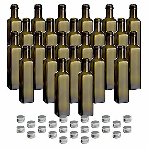 gouveo 24er Set Glasflasche 250 ml (0,25 l) Glasflasche 250 ml Maraska Antik Schraubverschluss PP 31,5 silberfarben, eckige dunkelgrüne Flaschen zum Befüllen für Likör, Öl & Essig