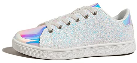 LUCKY STEP Damen Glitzer Sneaker | Schnüren Mode Schuhe | Glitzernde Bunt Turnschuhe für Damen (Weißes Hologramm, 10US-41EU-8UK)