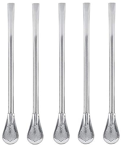 5 unids 2 en 1 Cuchara de Beber de Acero Inoxidable Paja Reutilizable Lavable Cucharas de Cóctel de Metal Filtro de Té Agitar Cuchara Pajas(18cm)