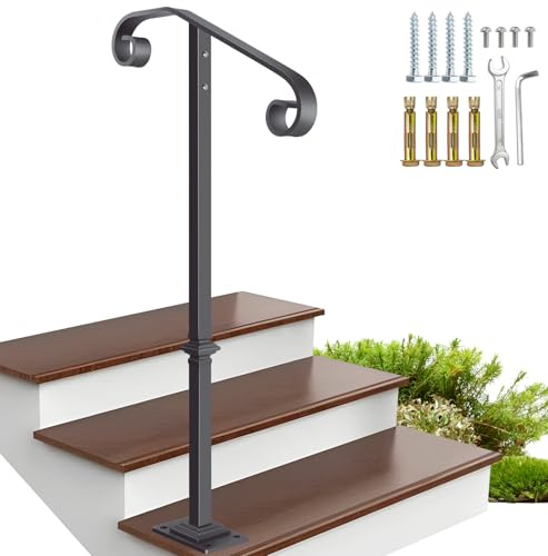 Zwinz Handrail Railing, Single Post Handrail, Sturdy Outdoor Handrails with Base, Wrought Iron Stair Handrail Fits 1 or 2 Steps, Grab Rail for Steps Porch, Gray