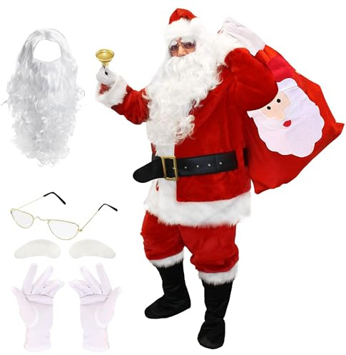 Adults Santa Claus Christmas Costume - 4XL - Jacket, Trousers, Hat, Belt, Boot Covers, Wig, Beard, Glasses, Gloves, Eyebrows, Sack, Bell - 12 Piece Father Christmas Festive Xmas Fancy Dress Costume