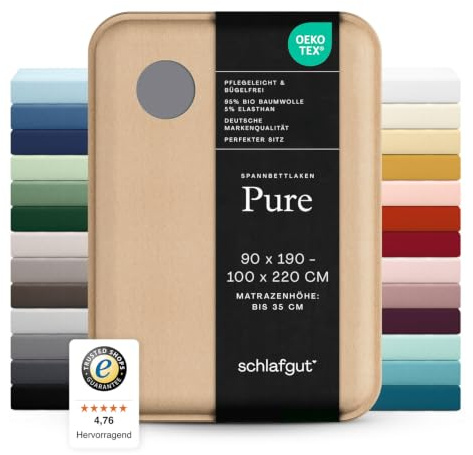 schlafgut Pure Spannbettlaken 90x200 cm Bio-Baumwolle Jersey, Grey Mid | Bettlaken, Spannbetttuch 100x200, 90x190 bis 100x220 cm, Grau, Mako Baumwolle Elasthan, bis 35 cm Steg