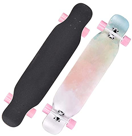 Longboards Skateboards 42Komplettes Longboard Double Kick 8 Lagen Ahornholzdecks für Teenager Erwachsene Profis Anfänger Mädchen Jungen Kinder, mit T-Tool und Rucksack,Rosa