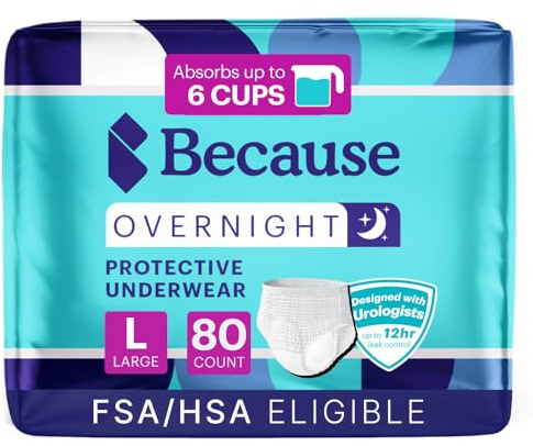 Because Overnight Absorbency Pull Ups - Adult Disposable Incontinence Underwear, Extra Absorbent Nighttime Briefs for Men and Women, White, Large, 80 Count (4 Packs of 20)