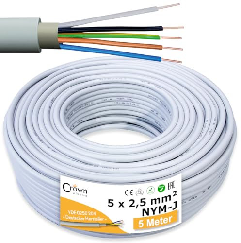 NYM-J 5x2,5mm² Kabel 5m | Feuchtraumkabel für 300V/500V | Elektrokabel 5-Adrig mit PVC Mantel | Ø2,5mm² Stromkabel für Elektroinstallation in Hellgrau | Kabellänge am Stück