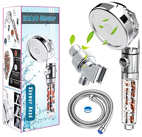 IHAO Pomme de douche filtrante avec support en métal tuyau haute pression douche purifiante eau dure filtre chlore flouride multi modes pommeau de douche changeant peau sèche et perte de cheveux