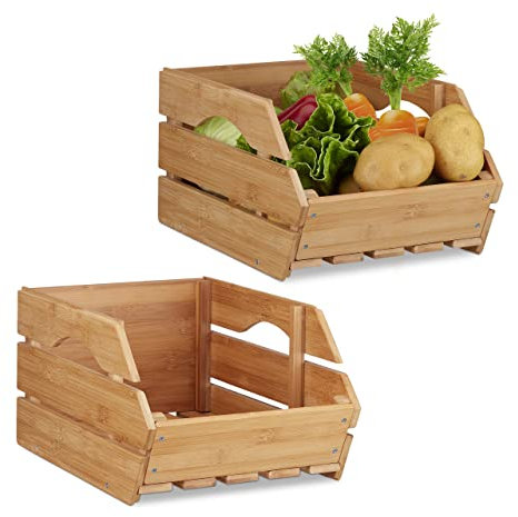Relaxdays 3X Cassette bambù, Contenitore Impilabile, Box Portaoggetti Aperto, Stabile HLP: 20,5x27x38 cm, Marrone Naturale