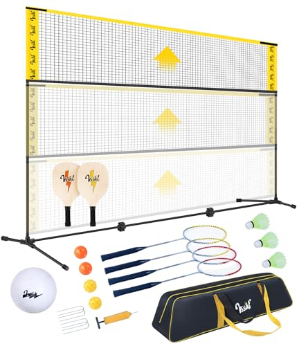 VSSAL 3-in-1 Portable Badminton, Volleyball & Pickleball Net Set for Adults, Adjustable Height 34–7 ft for Backyards or Beach, Outdoor Sports Combo with Carry Bag, Rackets, Paddles & Balls (10 ft)